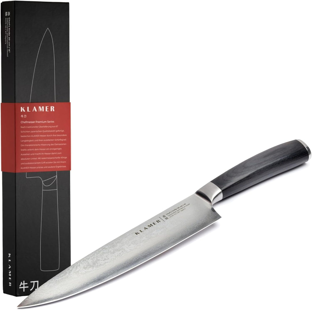 KLAMER Damast Chefmesser 20cm, extra scharfes Küchenmesser, echter japanischer Damaststahl, Fleischm