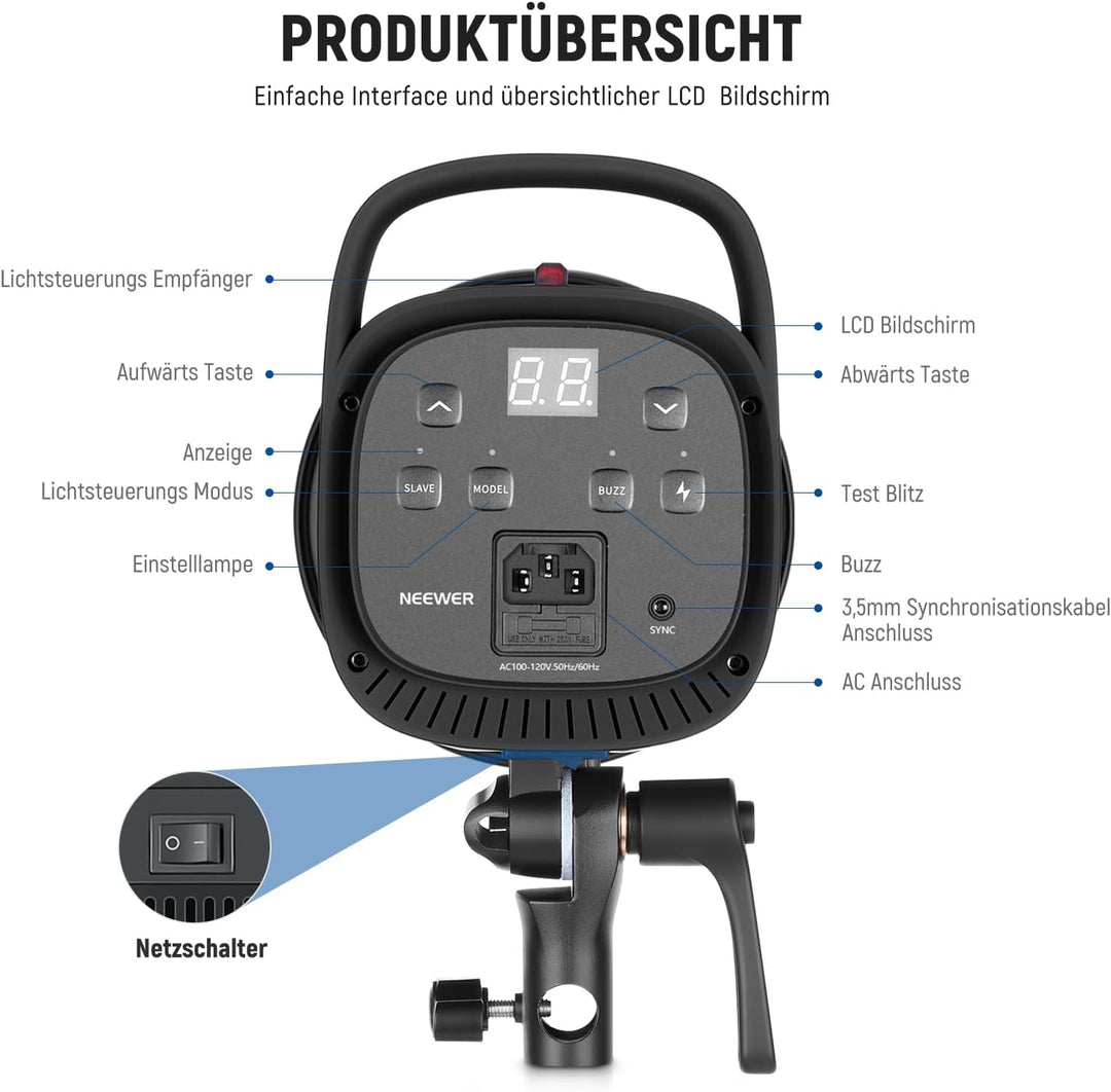 NEEWER 800W Studio Monolight Blitzlicht Set (2er Pack), S101-400W 5600K Studio Flash mit 150W Einste