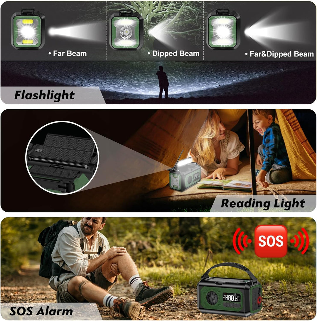 12000mAh Kurbelradio mit Handyladefunktion, Solar Radio mit 2 Sonnenkollektoren, AM/FM Tragbar Notfa