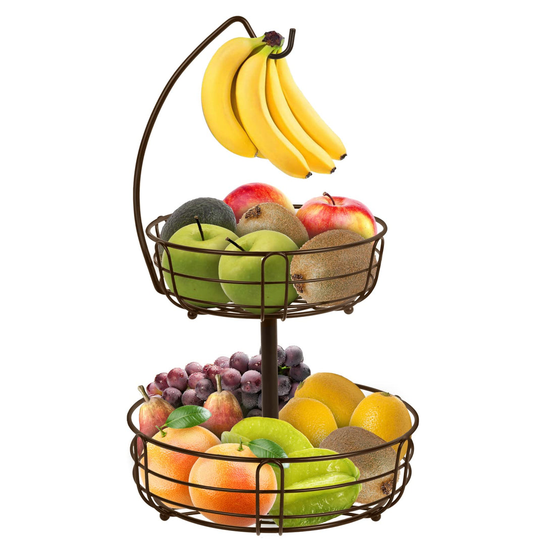 Bomclap Obst Etagere - 2 Etagen Obstkorb mit Bananenhalte - Abnehmbare Obstschale aus Metall - Küche