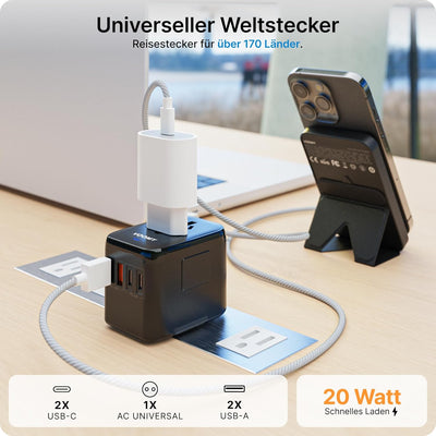 Voomy Reiseadapter Weltweit, Reisestecker mit 2 USB, 2 USB C und 1AC Steckdose, Internationaler Stec