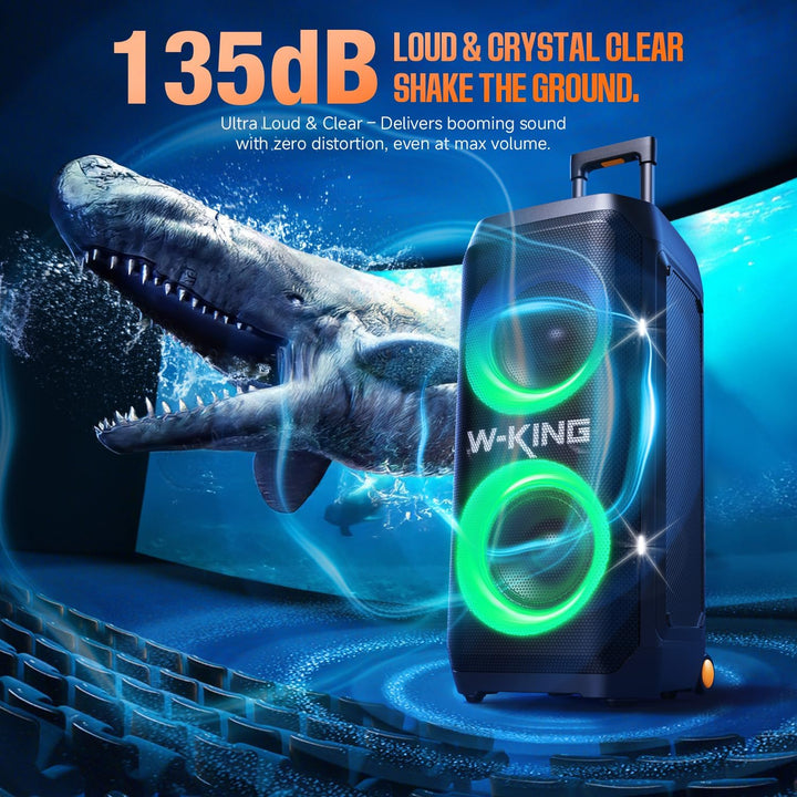 W-KING Tragbare Bluetooth-Lautsprecher-Box mit 370W MAX Pro Sound, Lichtshow, CSB, Bass Boost, Rolle