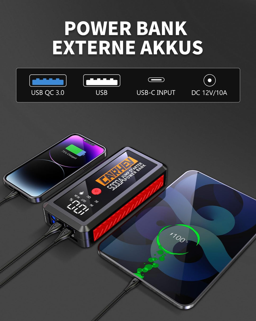 CARHEV Starthilfe Powerbank, 5000A Booster Auto Starthilfe, 12V Starter Powerbank(Bis zu 8.0L Benzin