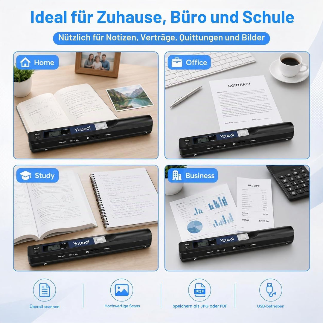 Handscanner mit 16G Micro SD, 900 DPI Tragbarer Hand-Dokumentenscanner Farbscanner, A4 Scanner Scann