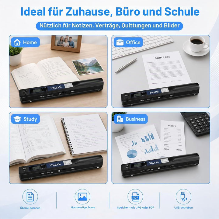 Handscanner mit 16G Micro SD, 900 DPI Tragbarer Hand-Dokumentenscanner Farbscanner, A4 Scanner Scann