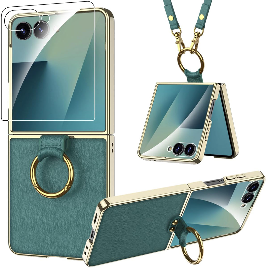 Miimall Lederhülle Kompatibel mit Samsung Galaxy Z Flip 7 Hülle mit Band+Ring Ständer [HD Displaysch