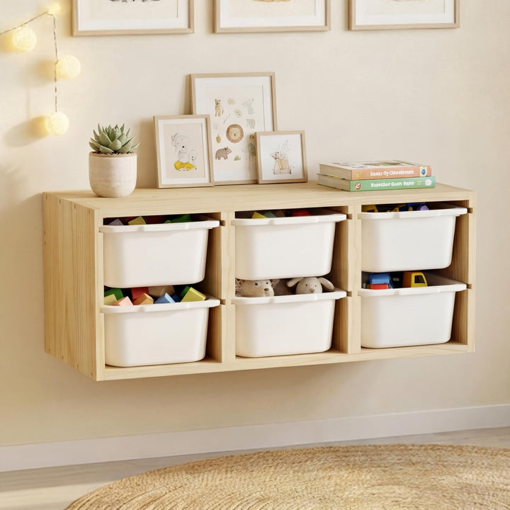 Montessori-Spielzeugregal aus Massivholz zur Wandmontage mit 6 Fächern, Spielzeugablage mit Ablagefl
