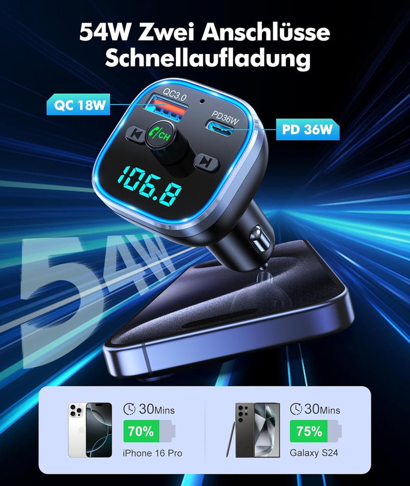 Mohard Bluetooth Adapter Auto, 54W [PD & QC 3.0] Schnellladung FM Transmitter Auto Bluetooth, Freisp