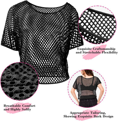 WILDPARTY 80er 90er Jahre Outfit Damen, Netzoberteil, Mesh Oberteil, Neon Shirt Aerobic Kostüm Sexy,