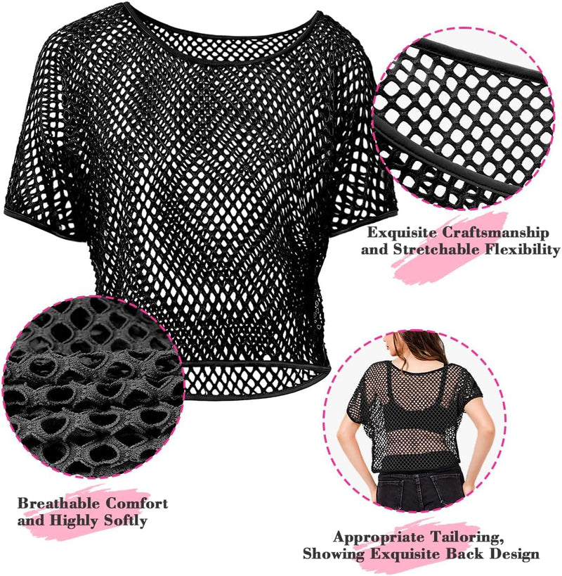 WILDPARTY 80er 90er Jahre Outfit Damen, Netzoberteil, Mesh Oberteil, Neon Shirt Aerobic Kostüm Sexy,