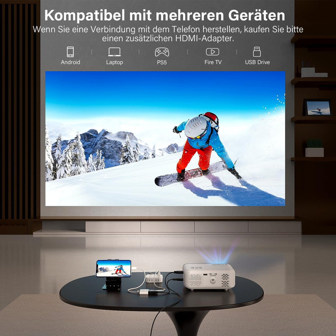 Mini Projektor, VOPLLS 24000L Full HD 1080P Unterstützt, Tragbar Video Beamer mit 50% Zoom, Heimkino