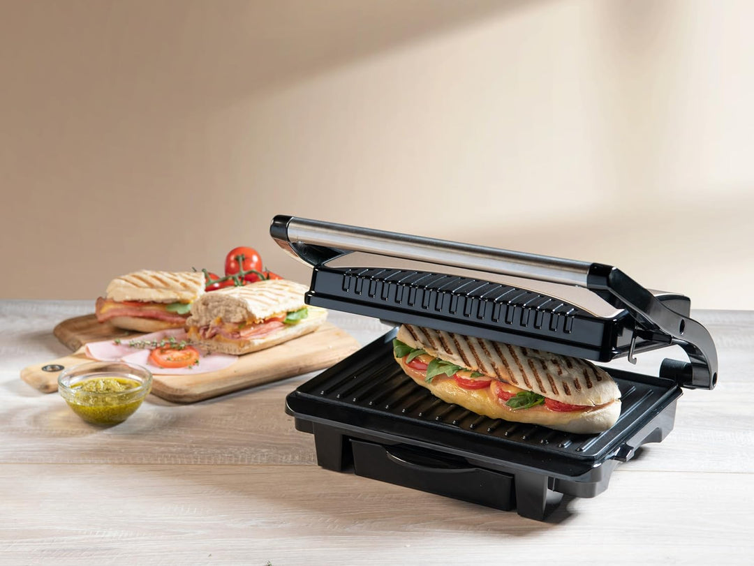 Bestron elektrischer Kontaktgrill mit Auffangschale, Sandwichmaker mit Cool-Touch-Handgriff & Antiha