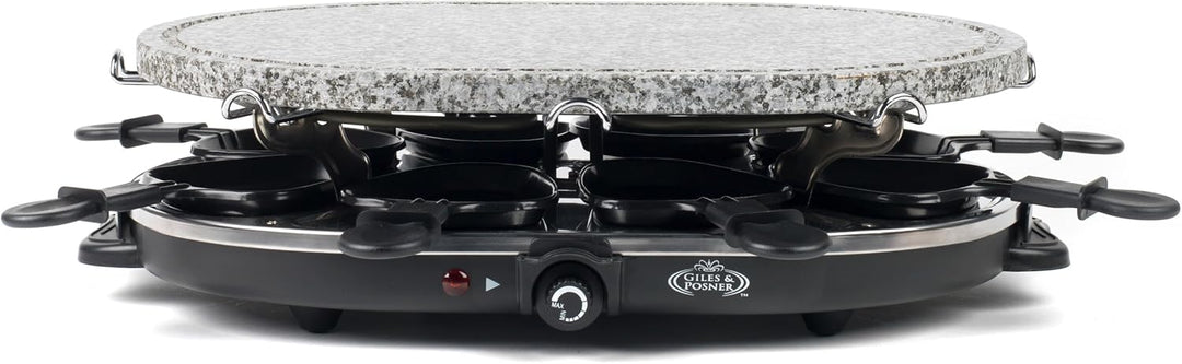 Giles & Posner 8-tlg. Tisch-Raclette-Grill – 1200W Steinplatte, 8 antihaftbeschichtete Pfännchen, 8