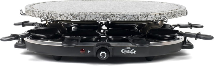 Giles & Posner 8-tlg. Tisch-Raclette-Grill – 1200W Steinplatte, 8 antihaftbeschichtete Pfännchen, 8