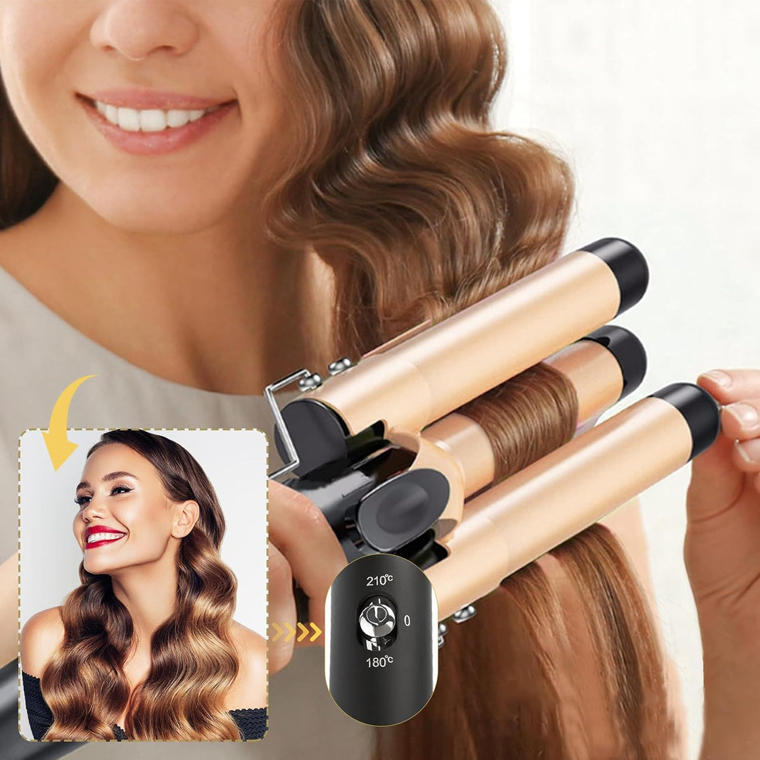 Lockenstab 3 Fässer Welleneisen 22mm Mit 2 Clips und Handschuh | Grosse Welleneisen für Haare Beach
