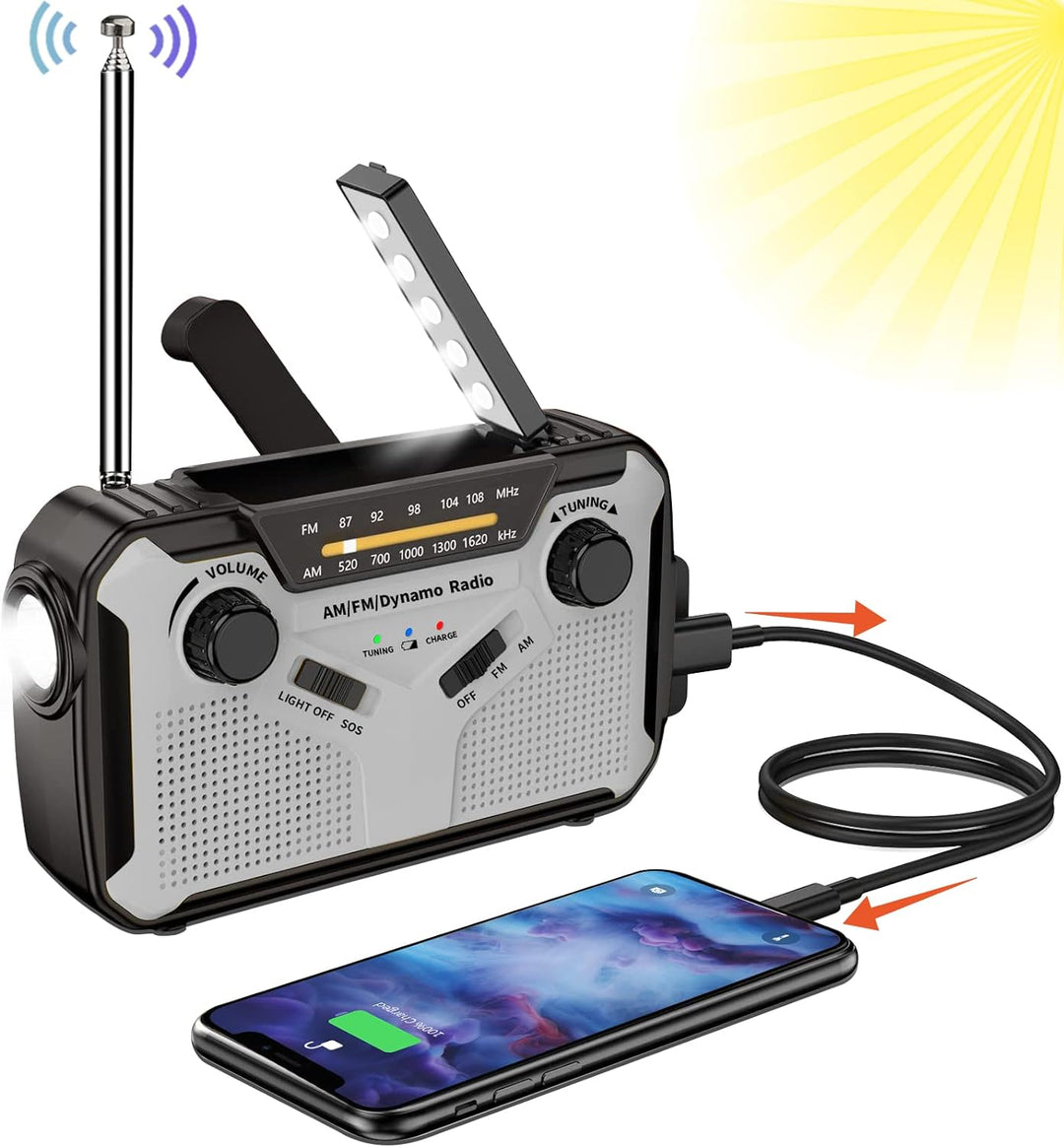 Solar Radio, AM/FM Tragbar Kurbelradio Dynamo Notfallradio mit 4000mAh Wiederaufladbare Batterie, Le