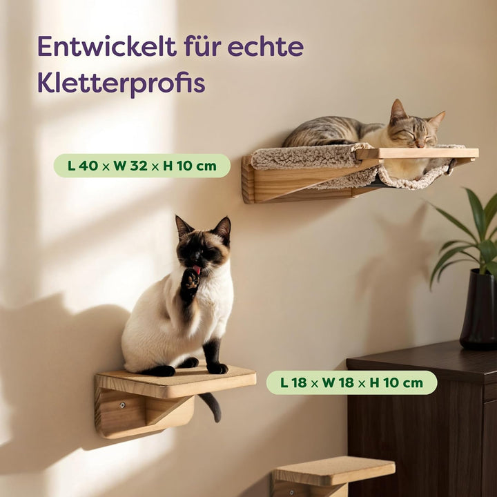 Katzen Kletterwand Set mit Hängematte & 2X Katzentreppe – massives Kiefernholz, stabile Wandliege bi