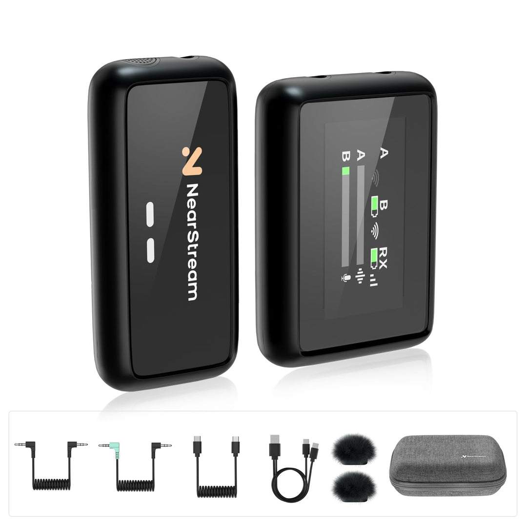 NearStream AWM20D Lavalier Mikrofon Wireless mit Geräuschunterdrückung, HD LCD-Bildschirm/200m Übert