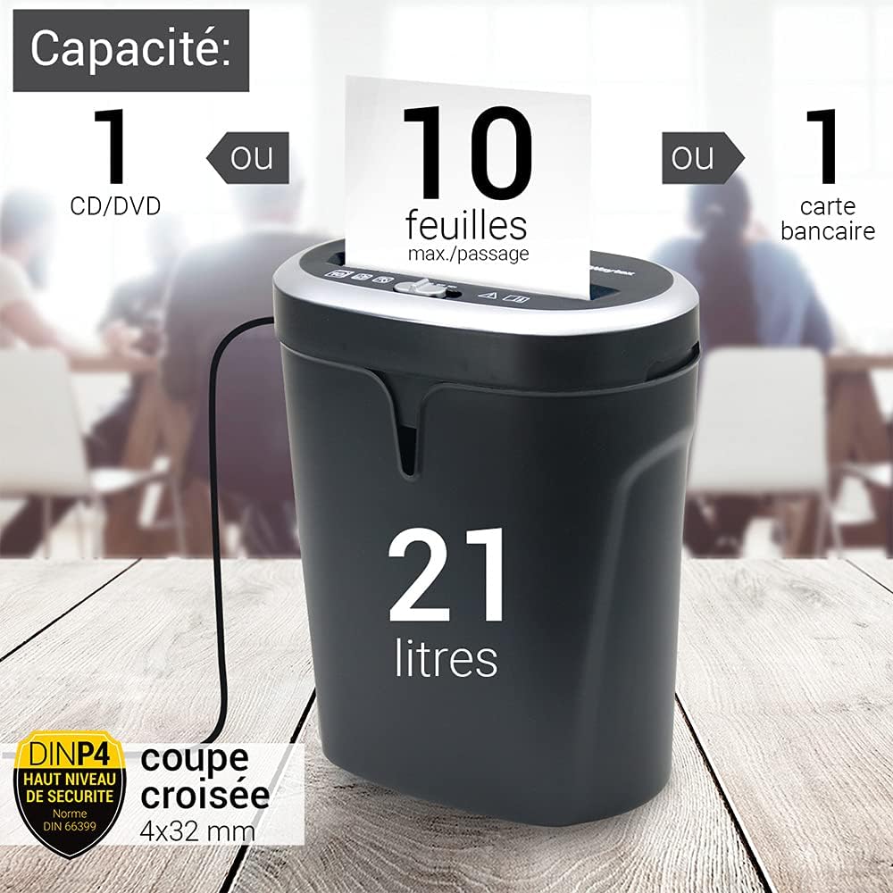 WAYTEX 77320 Aktenvernichter Kreuzschnitt, 10 Blatt, CD und DVD, mit grossem Behälter mit 21 l