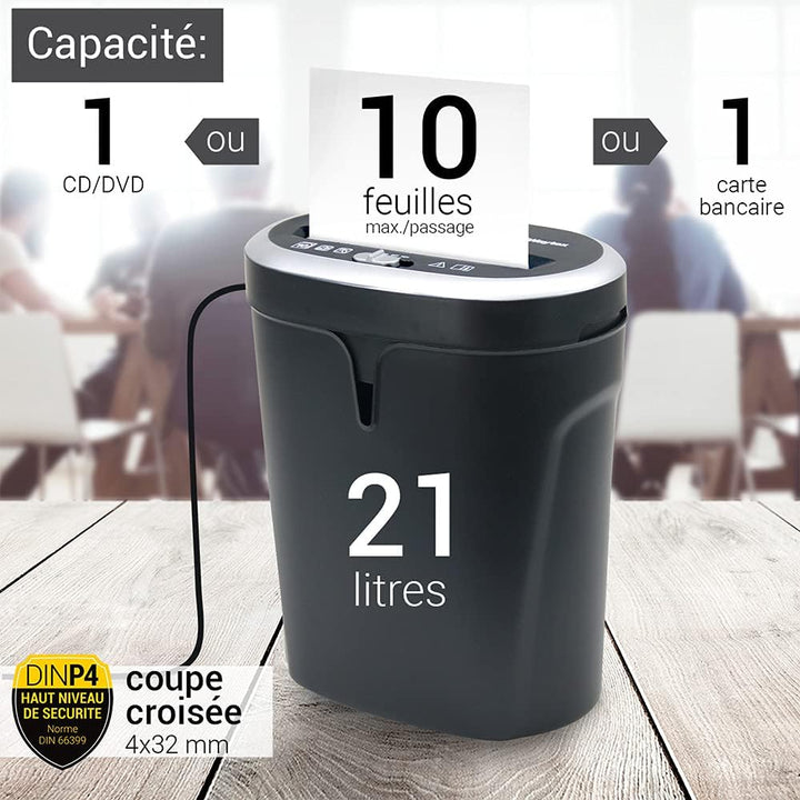 WAYTEX 77320 Aktenvernichter Kreuzschnitt, 10 Blatt, CD und DVD, mit grossem Behälter mit 21 l