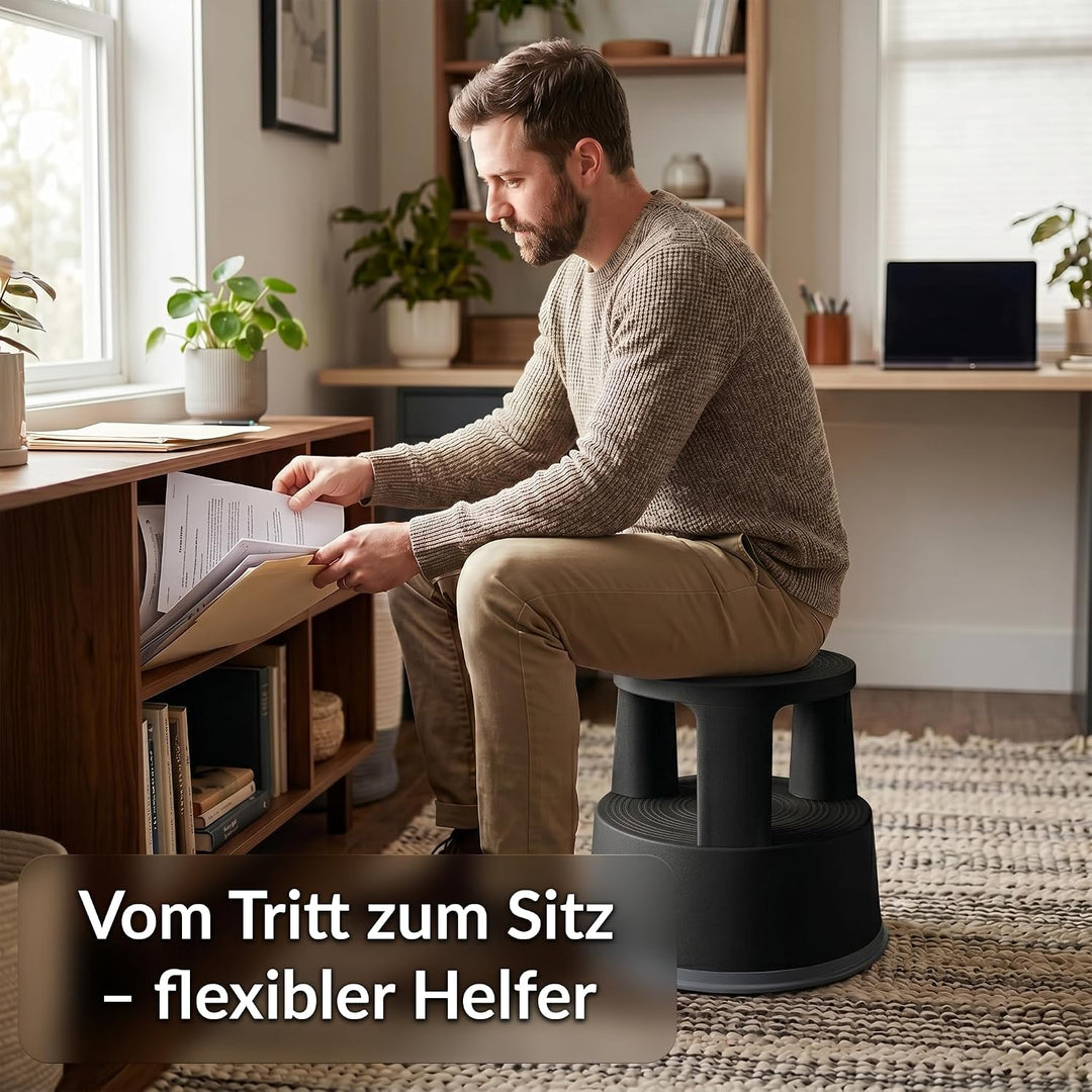 Office Marshal Rollhocker Kunststoff Elefantenfuss schwarz, Rutschfester Tritthocker mit Rollen, mob