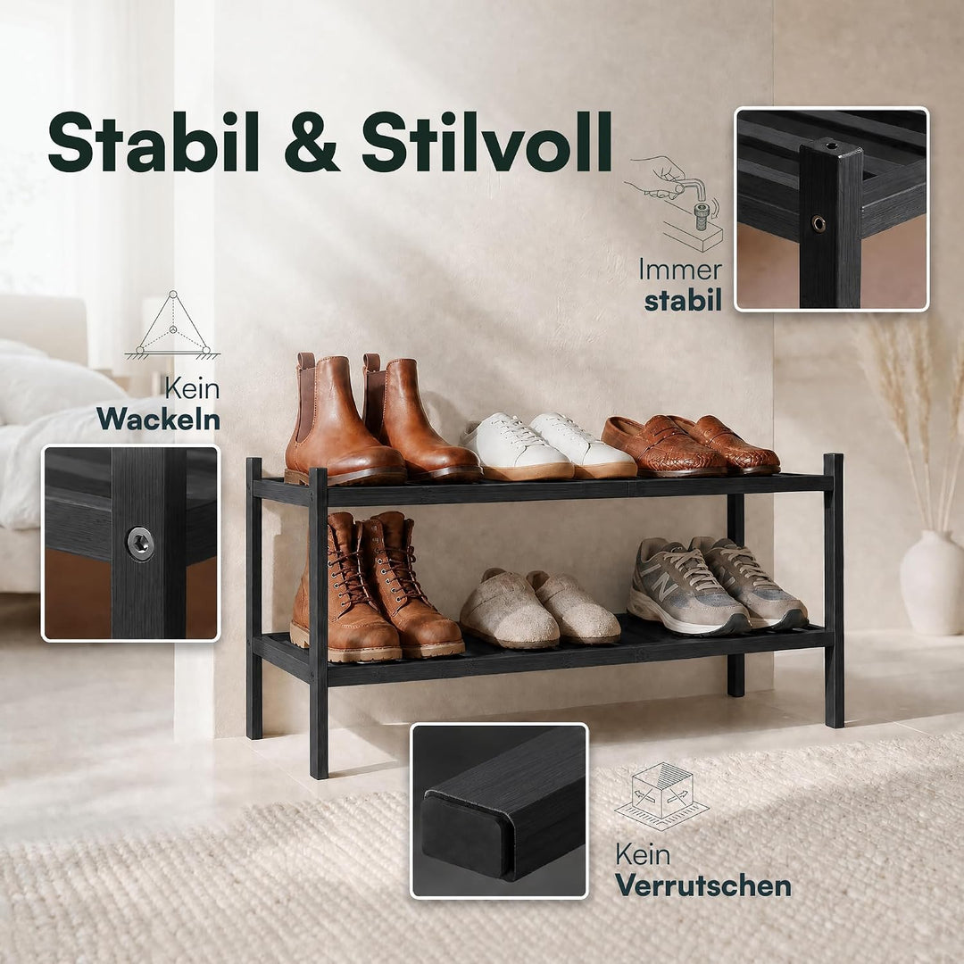 Schuhregal aus Bambus, Schuhablage mit 2 Ebenen, 68 x 28 x 32 cm, Erweiterbar Stapelbar, Schuhschran
