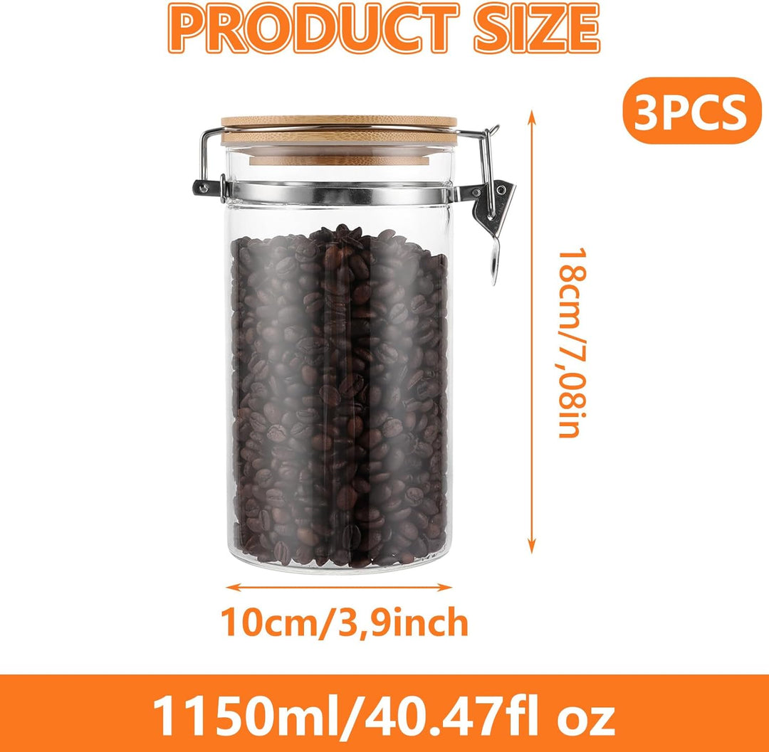 WOPPLXY 3er Set Kaffeebohnen Behälter mit Deckel, 1150ml Kaffeedose Luftdicht, Glas und Bambus Kaffe