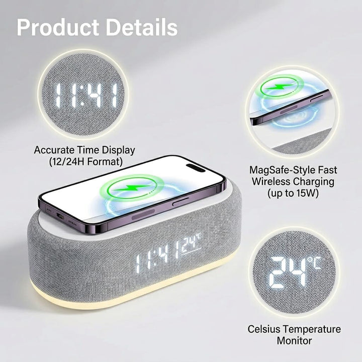15 W Radiowecker, Ladegerät, Induktion, Lautsprecher Bluetooth 5.3 &amp; FM-Radio, Digitaler Wecker mit