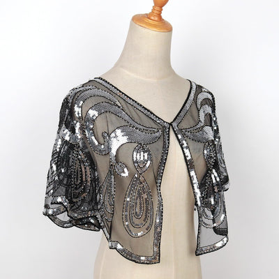 keland Damen Festlich Pailletten Umhang Schal Schultertuch Stola Tuch für Abendkleid X-schwarz & Sil