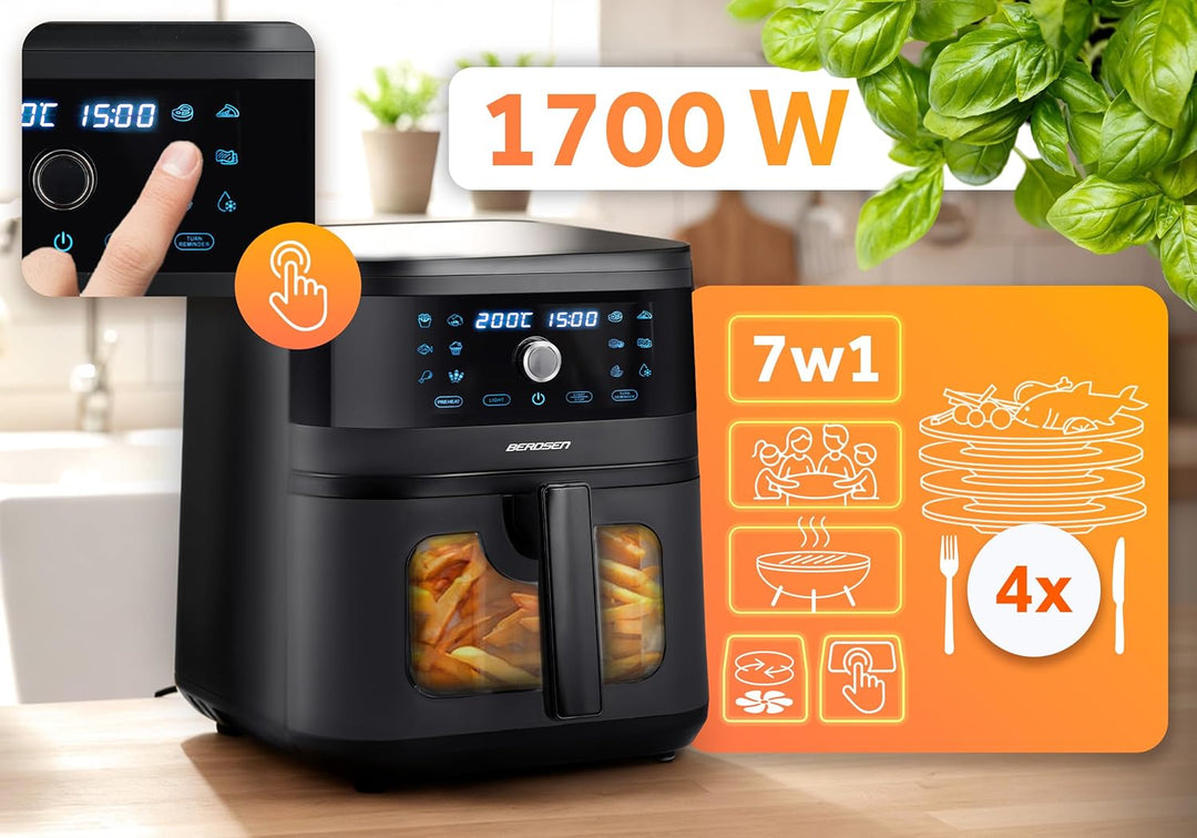 Berdsen Heissluftfritteuse XXL 8L - Airfryer mit Sichtfenster und Touchscreen - 1700W - 12 Programme