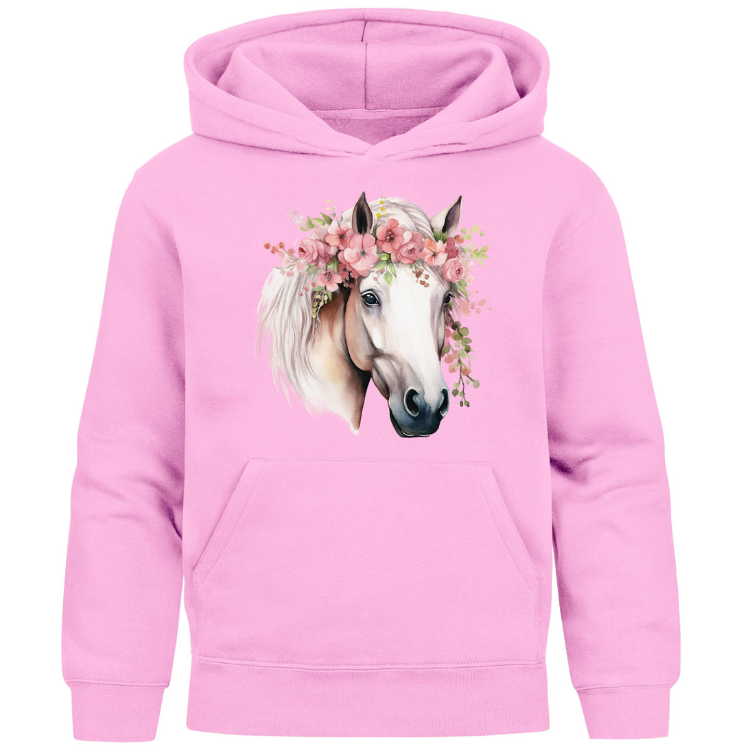 Kinder Hoodie Mädchen Pferdekopf mit Blumen Mädchengeschenke Pferde Print Aufdruck Pferd Blumen1 Ros