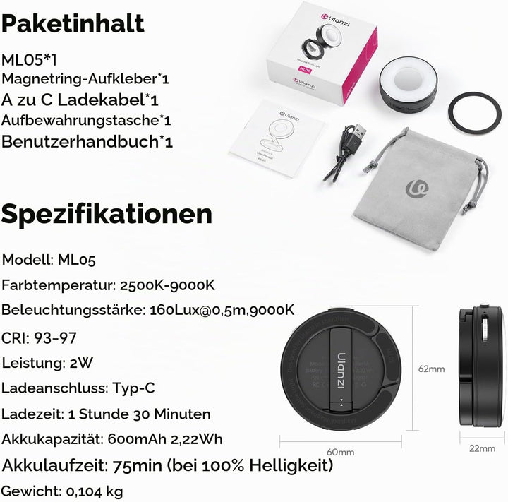 ULANZI ML05 Magnetische Selfie Licht für iPhone, Dual Magnet LED Ringlicht mit Spiegel, 9000K CRI≥97