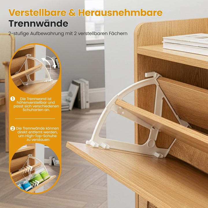 Trintion Rattan Schuhschrank Schmal mit 4 Klappen, Schuhkipper mit Verstellbaren Einlegeböden, Nur 2