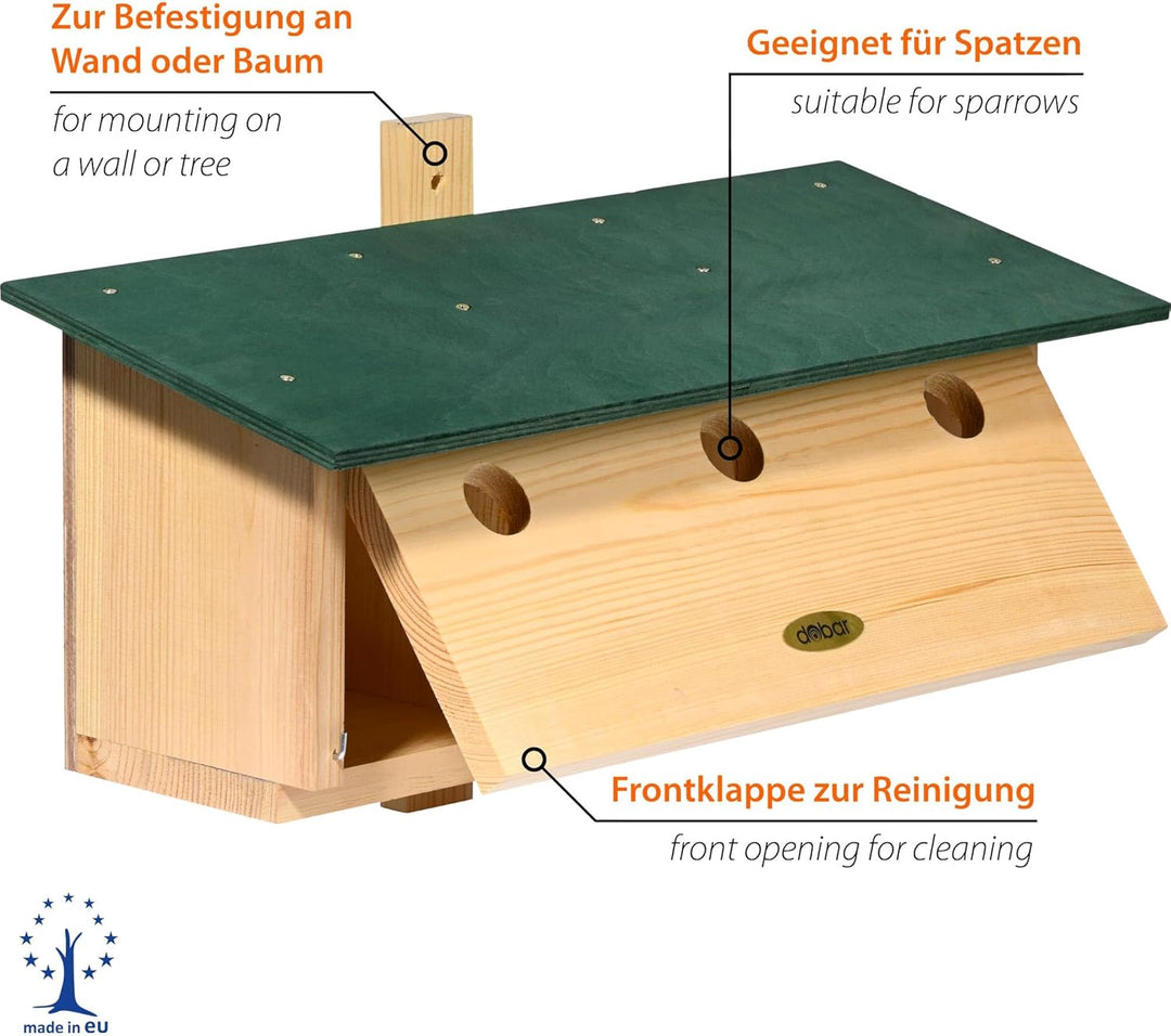 dobar® VOBU Spezial-Nistkasten aus Holz für Spatzen - 3 in 1 Höhlen-Nisthilfe für Sperlinge - mit Re