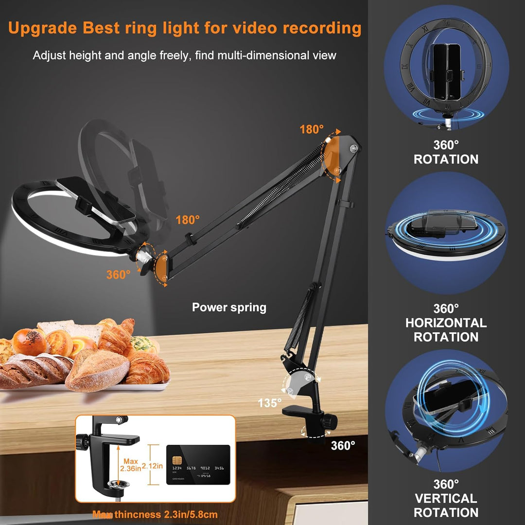 Ringlicht Mit Stativ,Handy Overhead Stativ 10,Dimmbares LED-Ringlicht,RGB Ring Light,Tisch Selfie Li