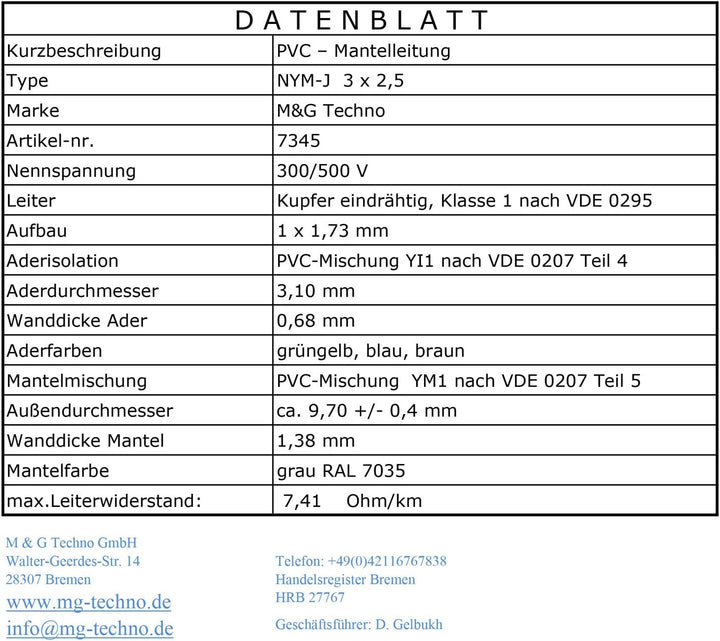 M&G Techno 50m NYM-J 3x2,5 mmІ Mantelleitung Feuchtraumkabel Elektrokabel Kupfer Made in Germany 882