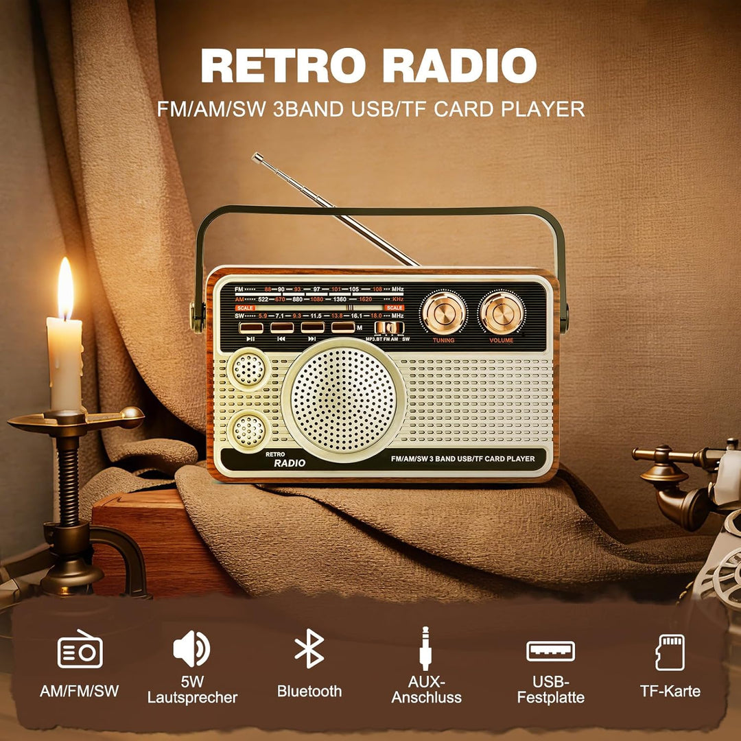 Retro Radio Vintage Holz-Handradio, wiederaufladbares Multiband (FM/AM/SW) mit Super Heavy Bass, Tra