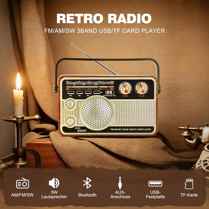 Retro Radio Vintage Holz-Handradio, wiederaufladbares Multiband (FM/AM/SW) mit Super Heavy Bass, Tra