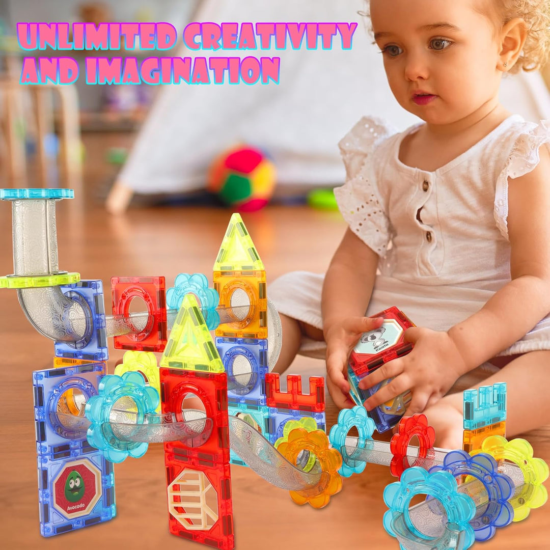 SVYHUOK Magnetische Bausteine für Kinder, Magnet Konstruktionsspielzeug 3D, 81 Teile Murmelbahn Lern