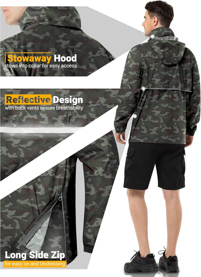 Outdoor Ventures Herren Regenjacke Wasserdichter Pullover mit Kapuze Packbare Reflektierende Jacke L