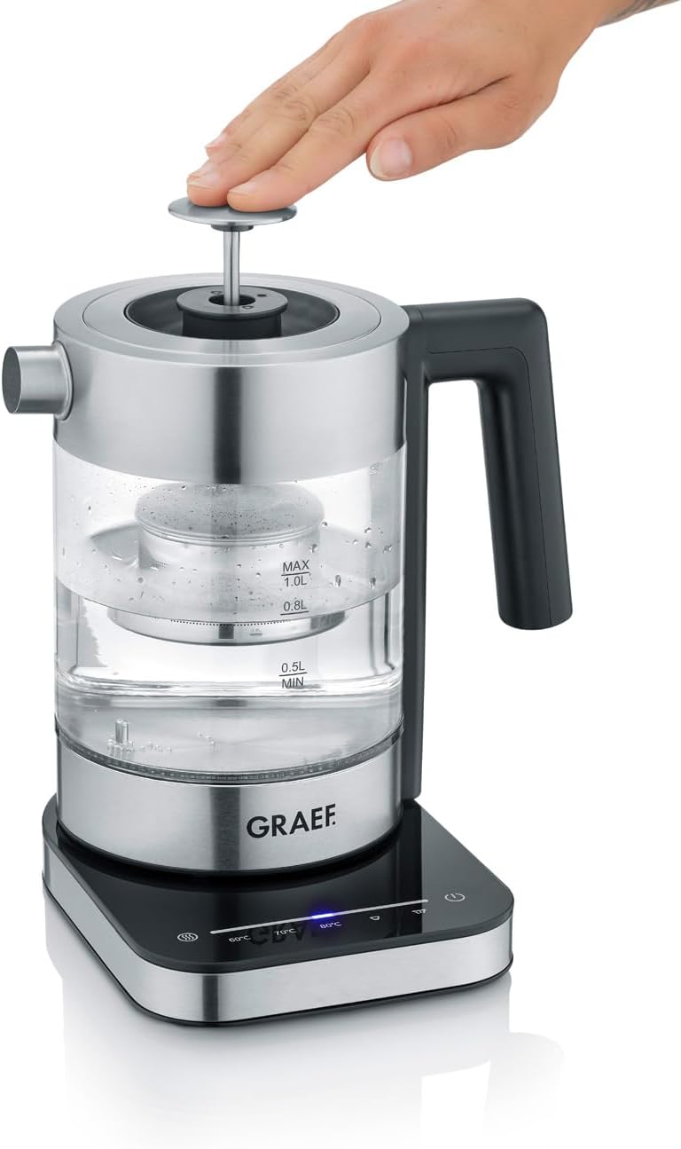 GRAEF Glaswasserkocher WK350 - Wasserkocher 1 Liter, Hochwertiges Design, SCHOTT DURAN Glas, Edelsta