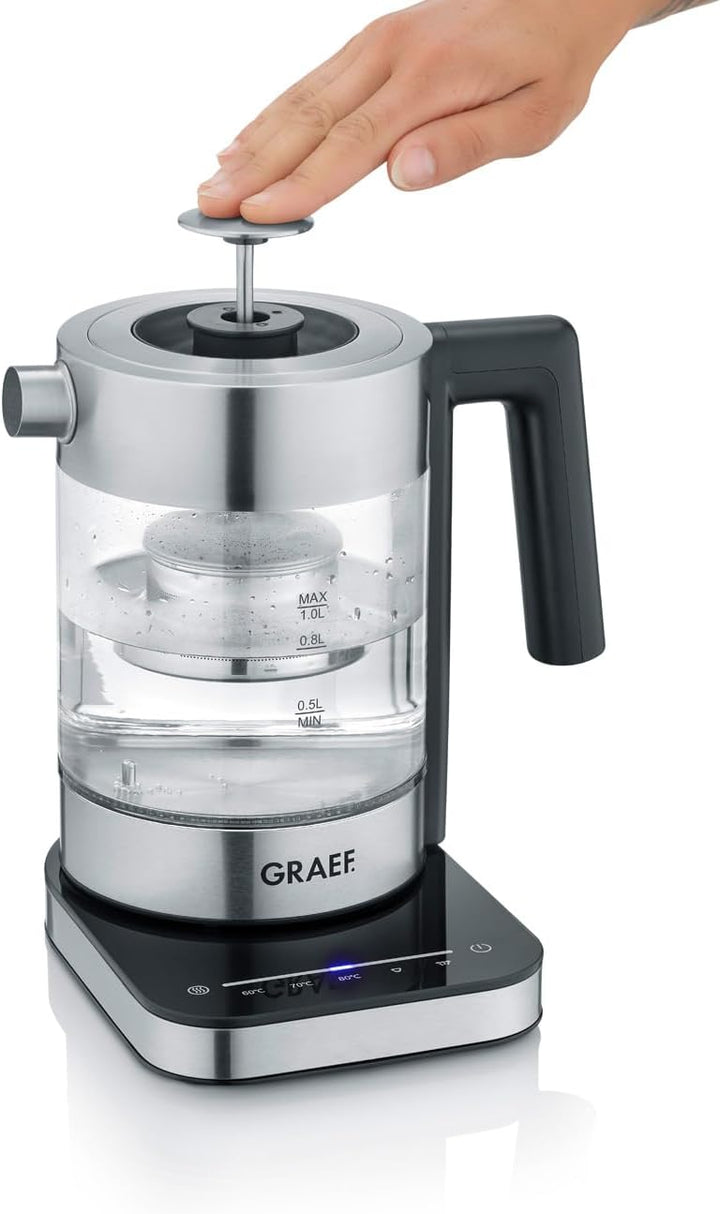GRAEF Glaswasserkocher WK350 - Wasserkocher 1 Liter, Hochwertiges Design, SCHOTT DURAN Glas, Edelsta