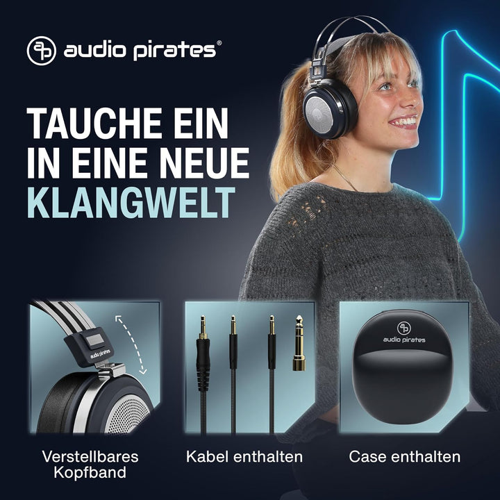 audio pirates Over-Ear HiFi Kopfhörer – Kopfhörer mit Case, HiFi-Klang, 3 m Kabel & 6,3 mm Adapter –