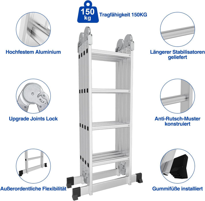 4x4 Mehrzweckleiter Aluminium, 470 cm Multifunktionsleiter Klappleiter mit 2 Plattform und 2 Räder,