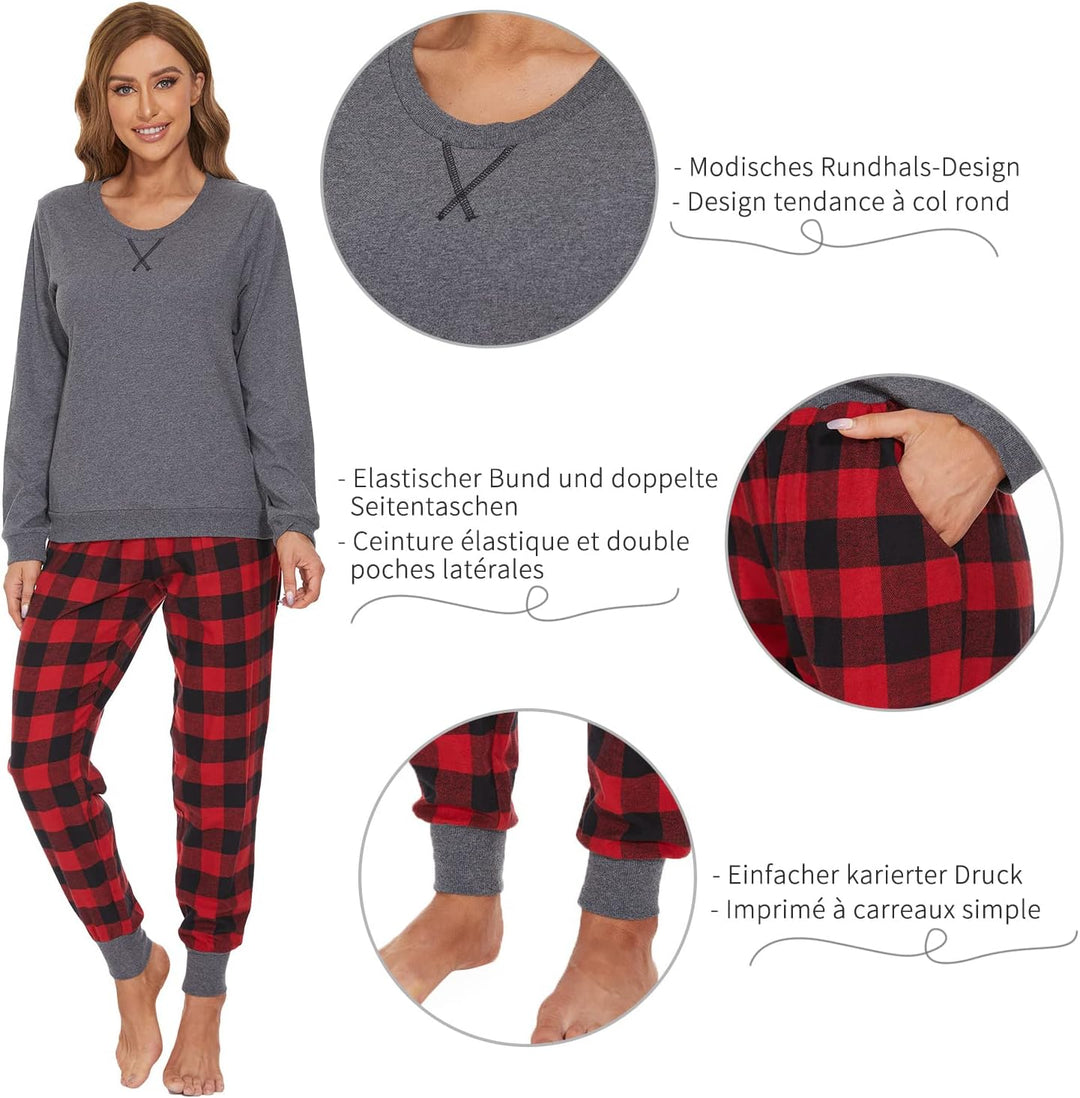 Mnemo Schlafanzug Damen 100% Baumwolle Bequemer Pyjama Damen Baumwolle mit Karomuster XL Rotes und S