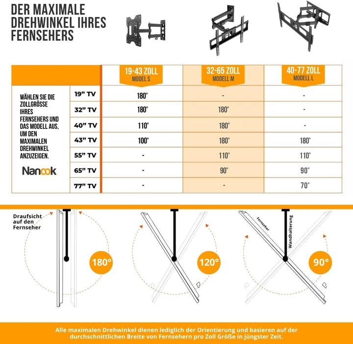 NANOOK Solide+ Schwenkbare TV-Wandhalterung 32–65 Zoll | Optimaler Blickwinkel | Neigbar 15° | VESA