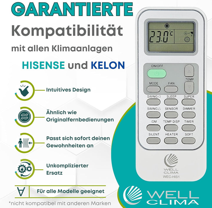 Wellclima WEC-HIS1 Fernbedienung für Klimaanlagen für Hisense, für Kelon, für Wintair, Umfangreicher