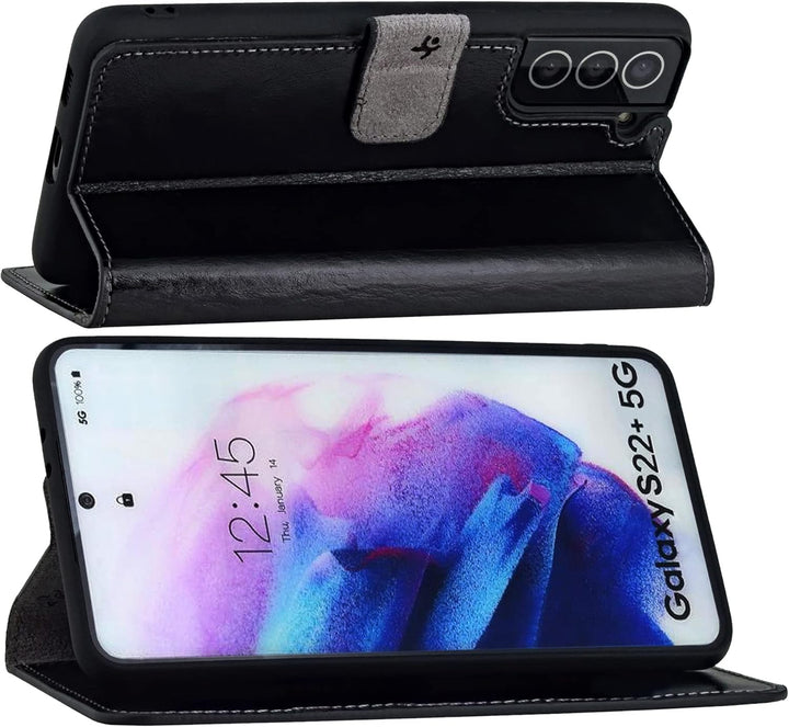 Suncase Book-Style Hülle kompatibel mit Samsung Galaxy S22 Plus 5G Leder Tasche (Slim-Fit) Lederhüll
