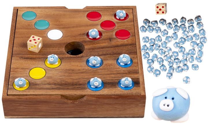 Engelhart Schweinchen Spiel Wurfelspiel mit 60 Keramik Schweinchen – Ferkelspiel in Holzbox, lustige