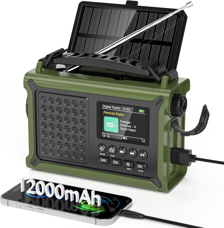 Kurbelradio DAB/DAB+/UKW mit 12000mAh Akku, Notfallradio mit 8500mm² Solarpanel, Handkurbel Blackout